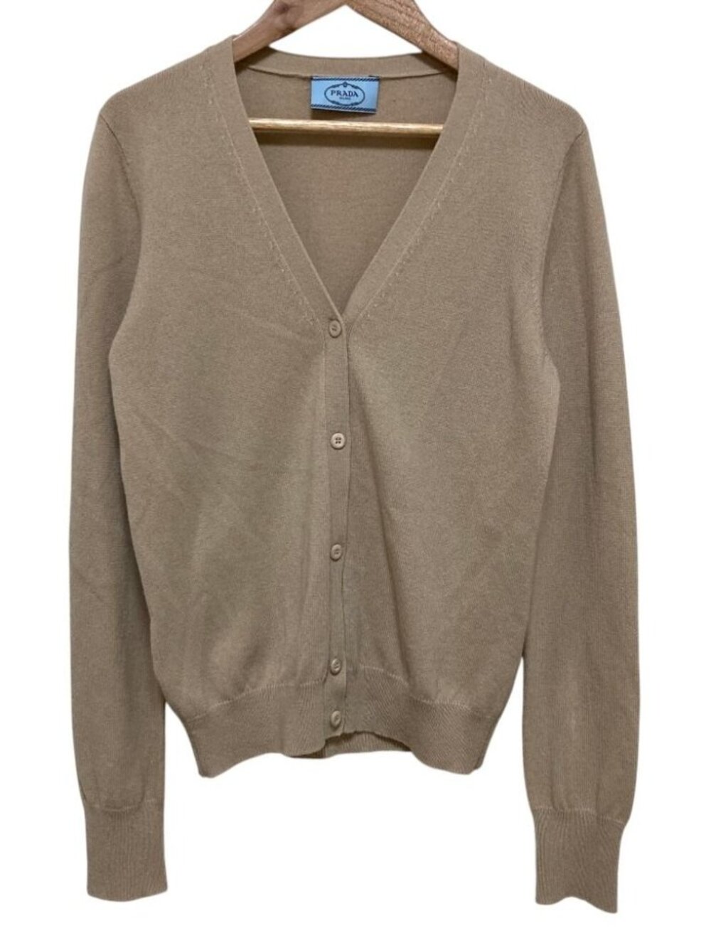 Prada Elbow Patch Cashmere Knit Cardigan 42 Beige